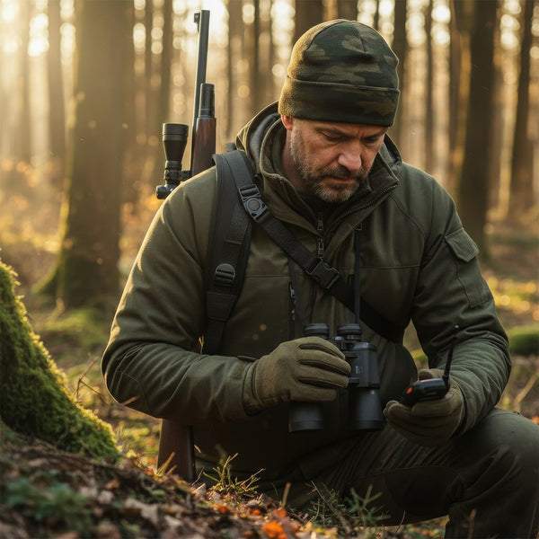 Chasseur accroupi avec jumelles, carabine dans le dos