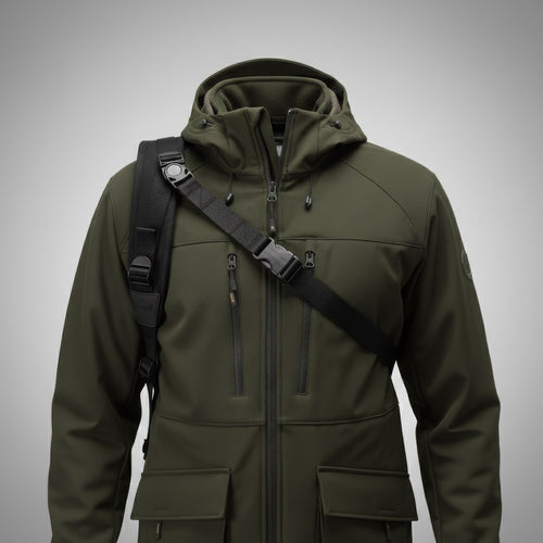 Bretelle harnais carabine noire portée sur une veste vert olive