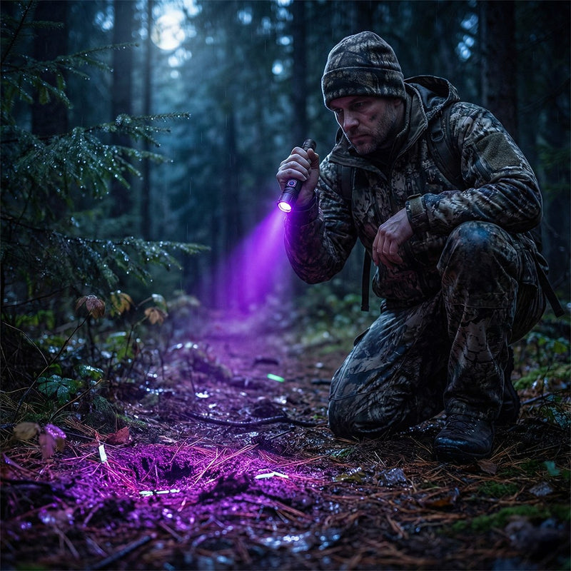 Chasseur accroupi contrôlant le sol de la forêt à la lampe UV