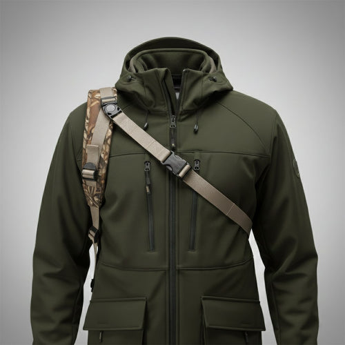 Bretelle harnais carabine camouflage portée sur une veste vert olive