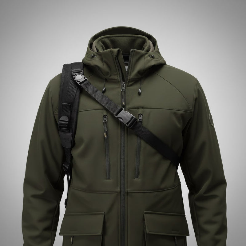Bretelle harnais carabine noire portée en travers de la poitrine sur une veste softshell vert olive