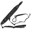 Bretelle carabine noire avec boucle supplémentaire et attaches de grenadière, posée à plat